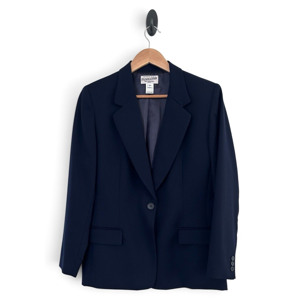 Pendleton Women Size Petite 10 Navy 100% Virgin Wool Lined Vintage Blazer Jacket